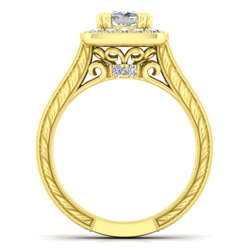 Vintage Inspired 14K Yellow Gold Cushion Halo Diamond Channel Set Engagement Ring