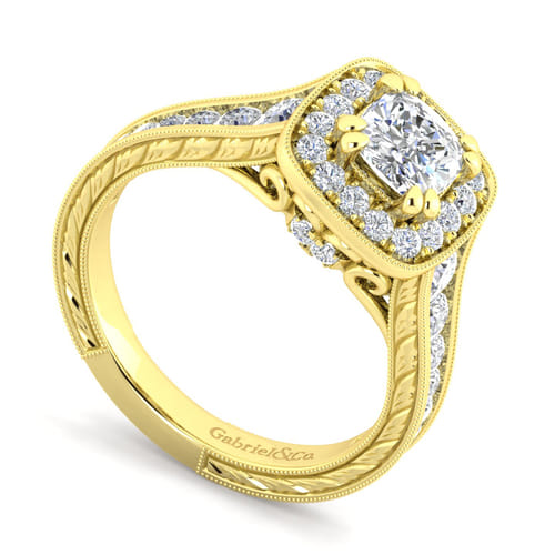 Vintage Inspired 14K Yellow Gold Cushion Halo Diamond Channel Set Engagement Ring