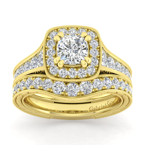 Vintage Inspired 14K Yellow Gold Cushion Halo Diamond Channel Set Engagement Ring