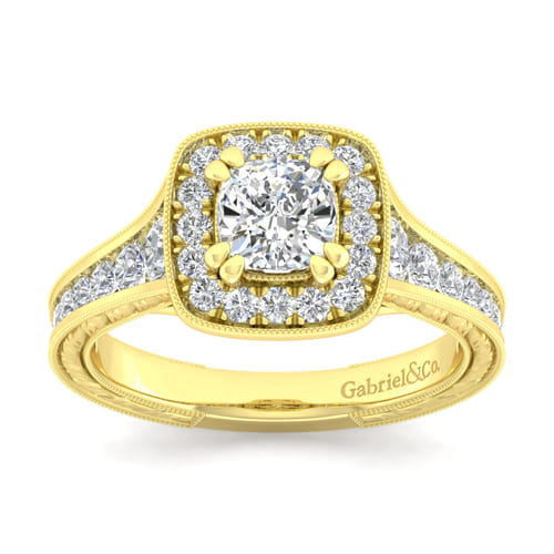 Vintage Inspired 14K Yellow Gold Cushion Halo Diamond Channel Set Engagement Ring