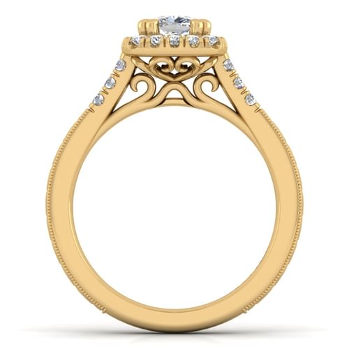 Vintage Inspired 14K Yellow Gold Cushion Halo Diamond Engagement Ring