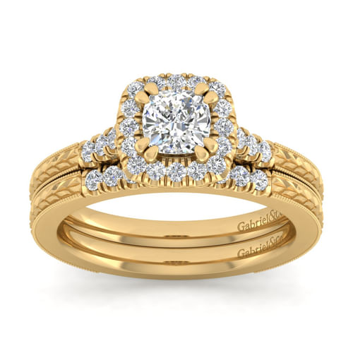 Vintage Inspired 14K Yellow Gold Cushion Halo Diamond Engagement Ring