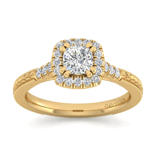 Vintage Inspired 14K Yellow Gold Cushion Halo Diamond Engagement Ring
