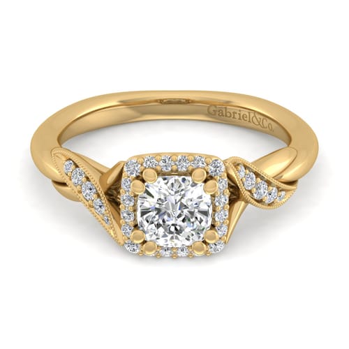 Vintage Inspired 14K Yellow Gold Cushion Halo Diamond Engagement Ring