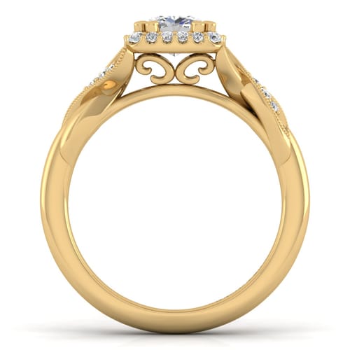 Vintage Inspired 14K Yellow Gold Cushion Halo Diamond Engagement Ring