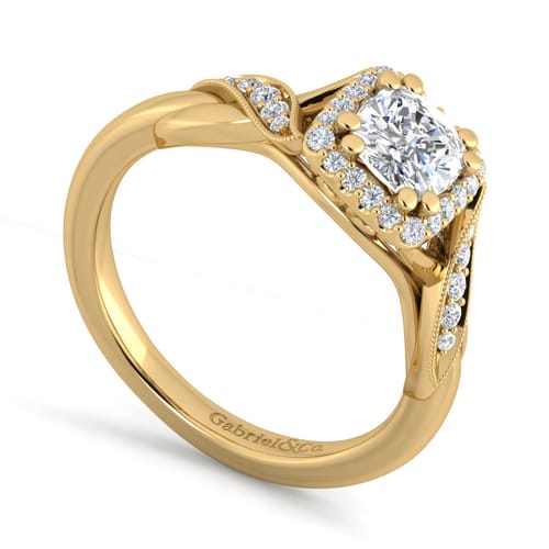 Vintage Inspired 14K Yellow Gold Cushion Halo Diamond Engagement Ring
