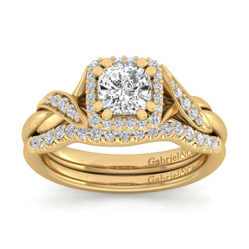 Vintage Inspired 14K Yellow Gold Cushion Halo Diamond Engagement Ring