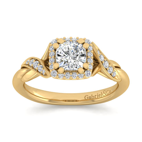 Vintage Inspired 14K Yellow Gold Cushion Halo Diamond Engagement Ring