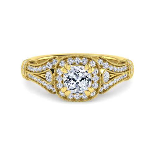 Vintage Inspired 14K Yellow Gold Cushion Halo Diamond Engagement Ring