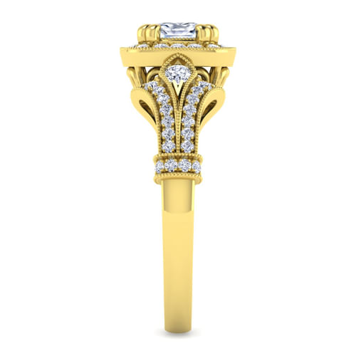 Vintage Inspired 14K Yellow Gold Cushion Halo Diamond Engagement Ring