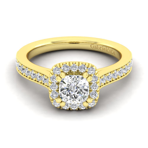 Vintage Inspired 14K Yellow Gold Cushion Halo Diamond Engagement Ring