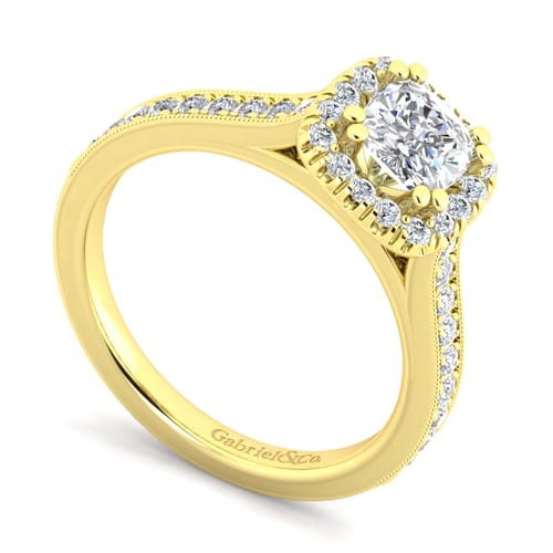 Vintage Inspired 14K Yellow Gold Cushion Halo Diamond Engagement Ring