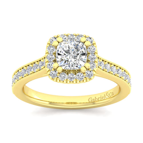 Vintage Inspired 14K Yellow Gold Cushion Halo Diamond Engagement Ring