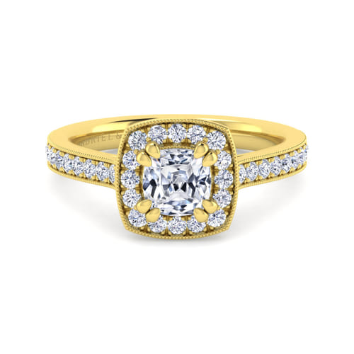 Vintage Inspired 14K Yellow Gold Cushion Halo Diamond Engagement Ring