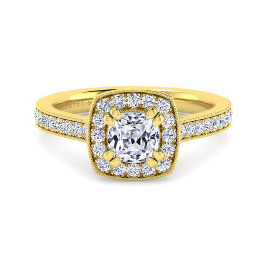 Gabriel - Vintage Inspired 14K Yellow Gold Cushion Halo Diamond Engagement Ring