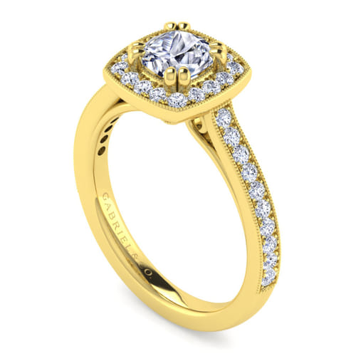 Vintage Inspired 14K Yellow Gold Cushion Halo Diamond Engagement Ring