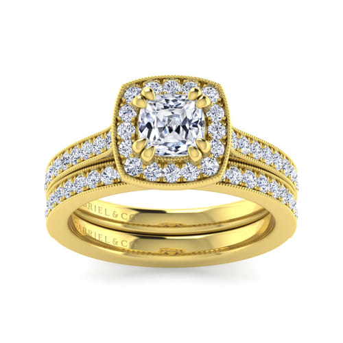 Vintage Inspired 14K Yellow Gold Cushion Halo Diamond Engagement Ring