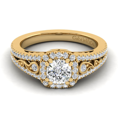 Vintage Inspired 14K Yellow Gold Cushion Halo Diamond Engagement Ring