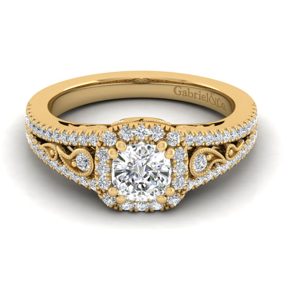 Gabriel - Vintage Inspired 14K Yellow Gold Cushion Halo Diamond Engagement Ring