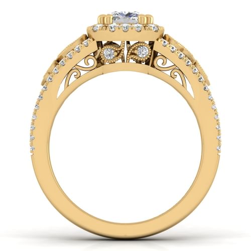 Vintage Inspired 14K Yellow Gold Cushion Halo Diamond Engagement Ring