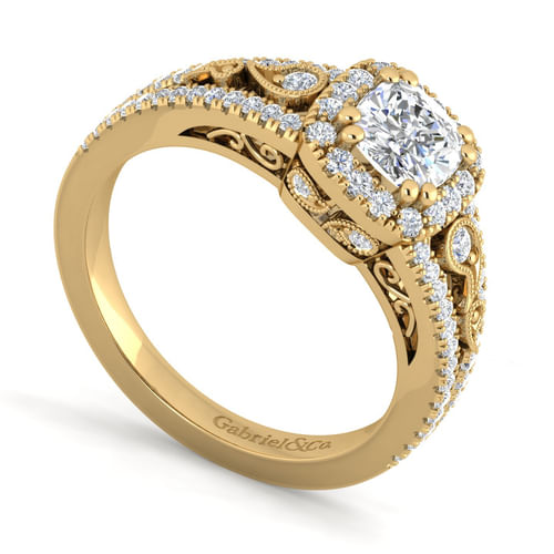 Vintage Inspired 14K Yellow Gold Cushion Halo Diamond Engagement Ring