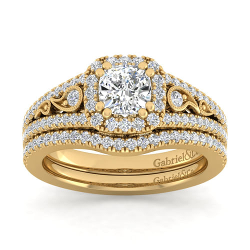 Vintage Inspired 14K Yellow Gold Cushion Halo Diamond Engagement Ring