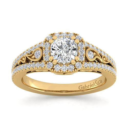 Vintage Inspired 14K Yellow Gold Cushion Halo Diamond Engagement Ring
