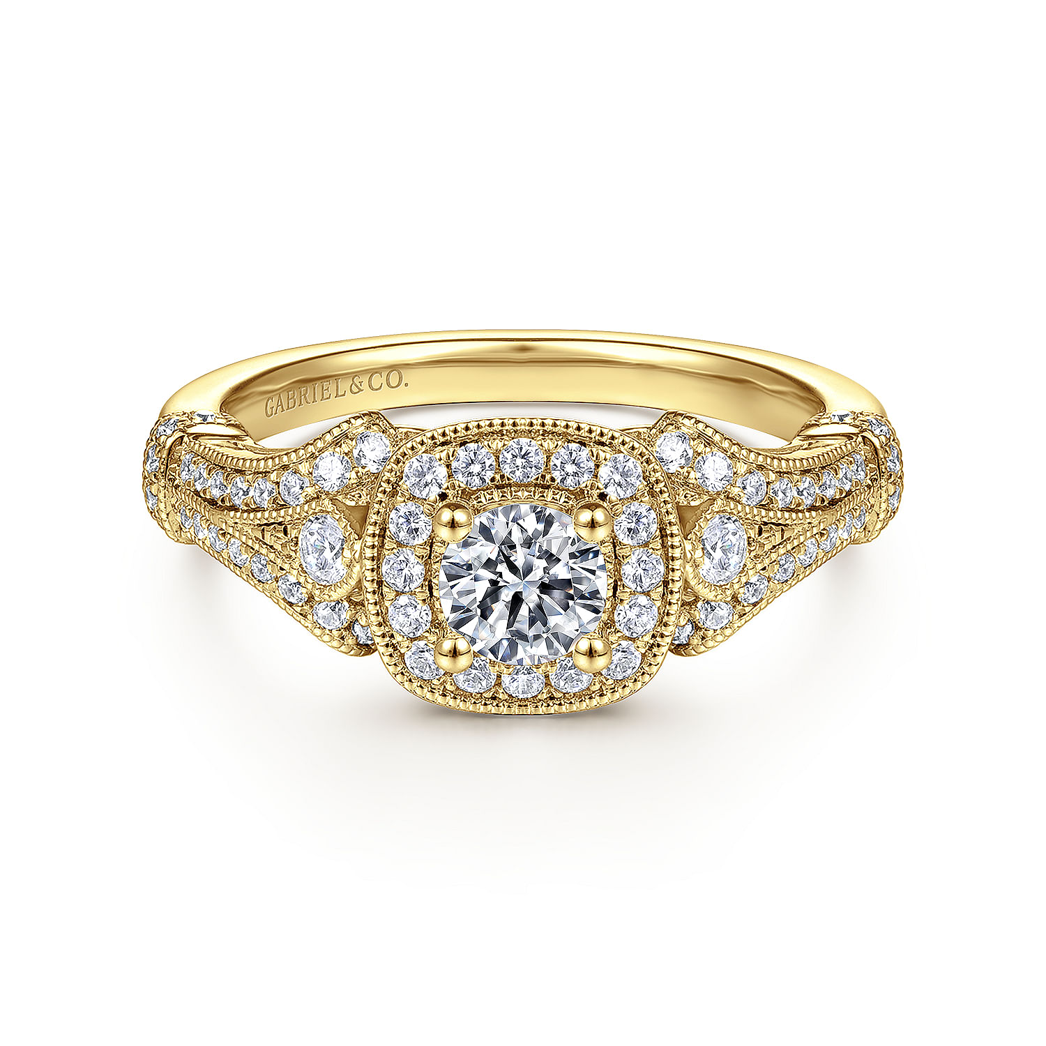 Gabriel - Vintage Inspired 14K Yellow Gold Cushion Halo Round Complete Diamond Engagement Ring