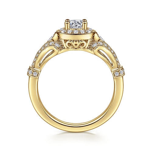 Vintage Inspired 14K Yellow Gold Cushion Halo Round Complete Diamond Engagement Ring