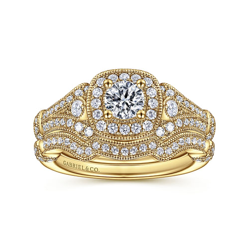 Vintage Inspired 14K Yellow Gold Cushion Halo Round Complete Diamond Engagement Ring