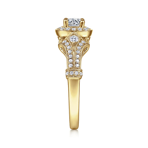 Vintage Inspired 14K Yellow Gold Cushion Halo Round Complete Diamond Engagement Ring