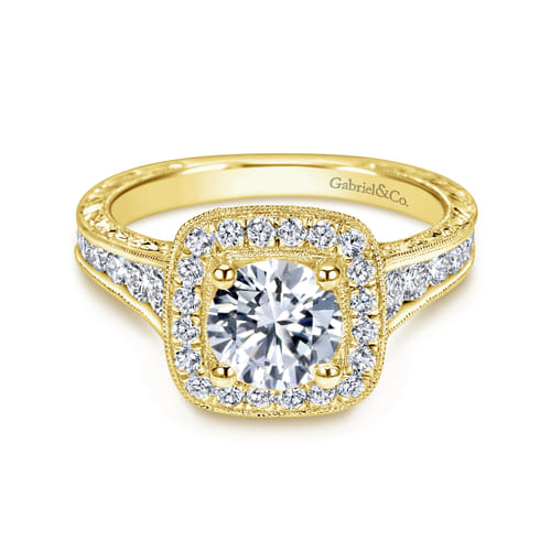 Vintage Inspired 14K Yellow Gold Cushion Halo Round Diamond Channel Set Engagement Ring