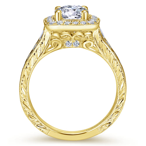 Vintage Inspired 14K Yellow Gold Cushion Halo Round Diamond Channel Set Engagement Ring