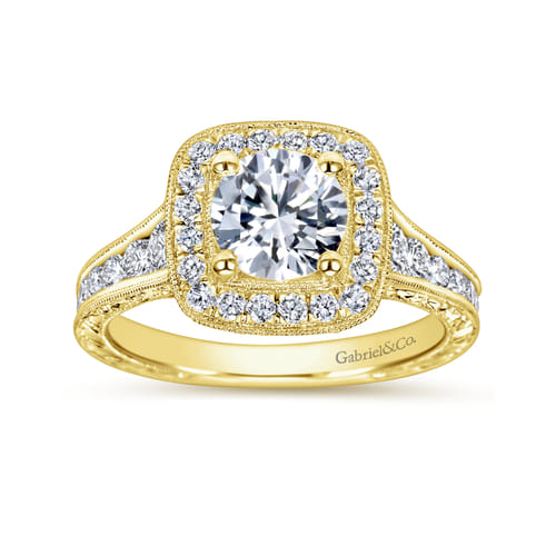 Vintage Inspired 14K Yellow Gold Cushion Halo Round Diamond Channel Set Engagement Ring