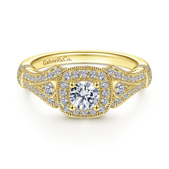 Gabriel - Vintage Inspired 14K Yellow Gold Cushion Halo Round Diamond Engagement Ring