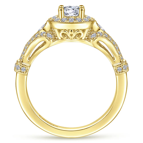 Vintage Inspired 14K Yellow Gold Cushion Halo Round Diamond Engagement Ring
