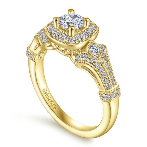 Vintage Inspired 14K Yellow Gold Cushion Halo Round Diamond Engagement Ring