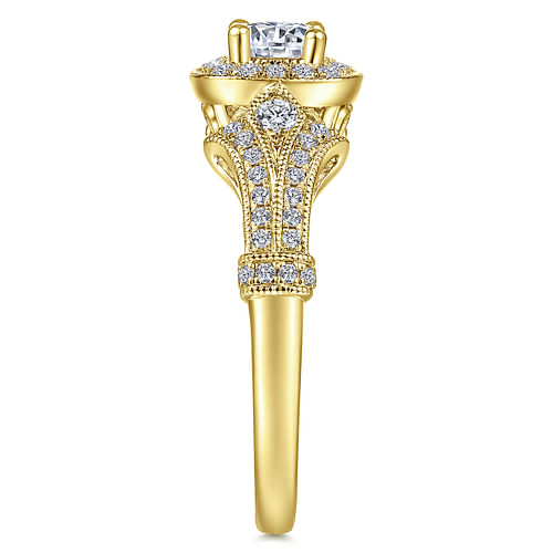 Vintage Inspired 14K Yellow Gold Cushion Halo Round Diamond Engagement Ring