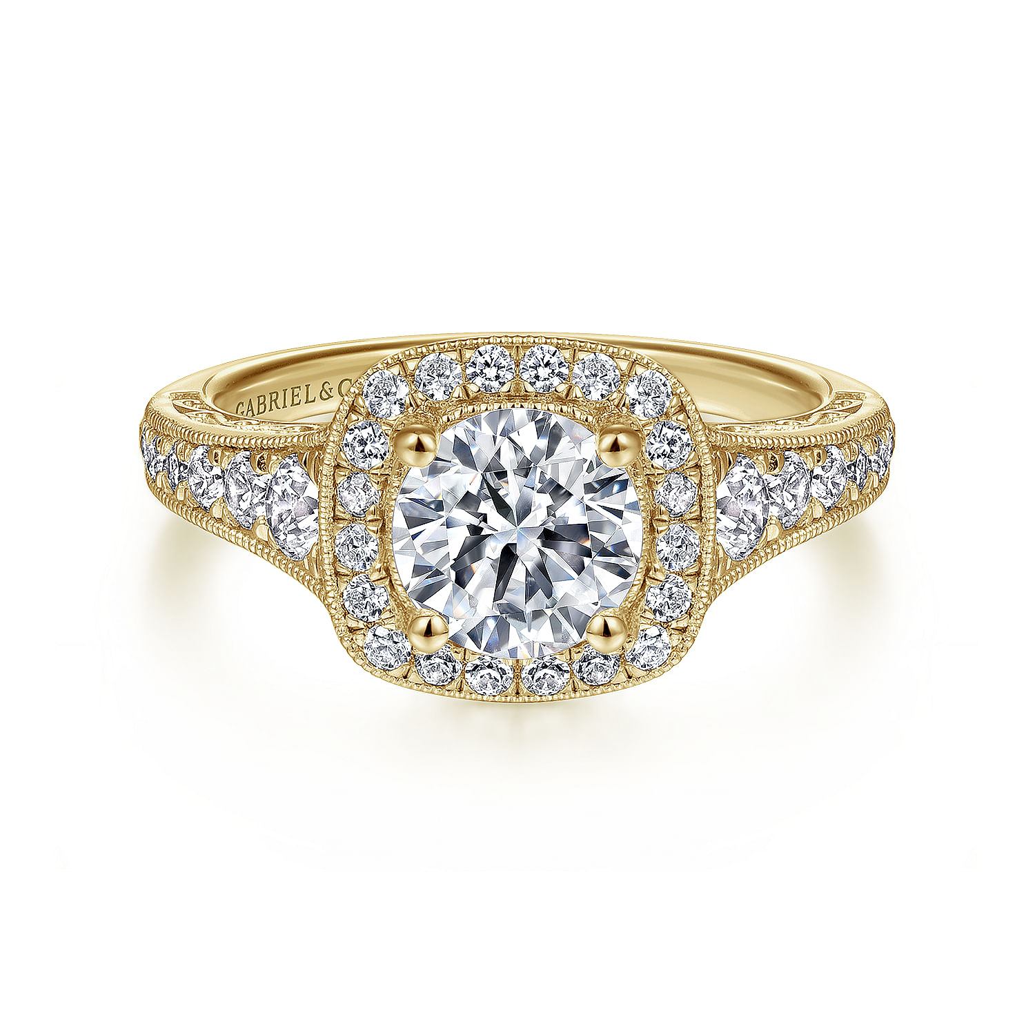 Gabriel - Vintage Inspired 14K Yellow Gold Cushion Halo Round Diamond Engagement Ring