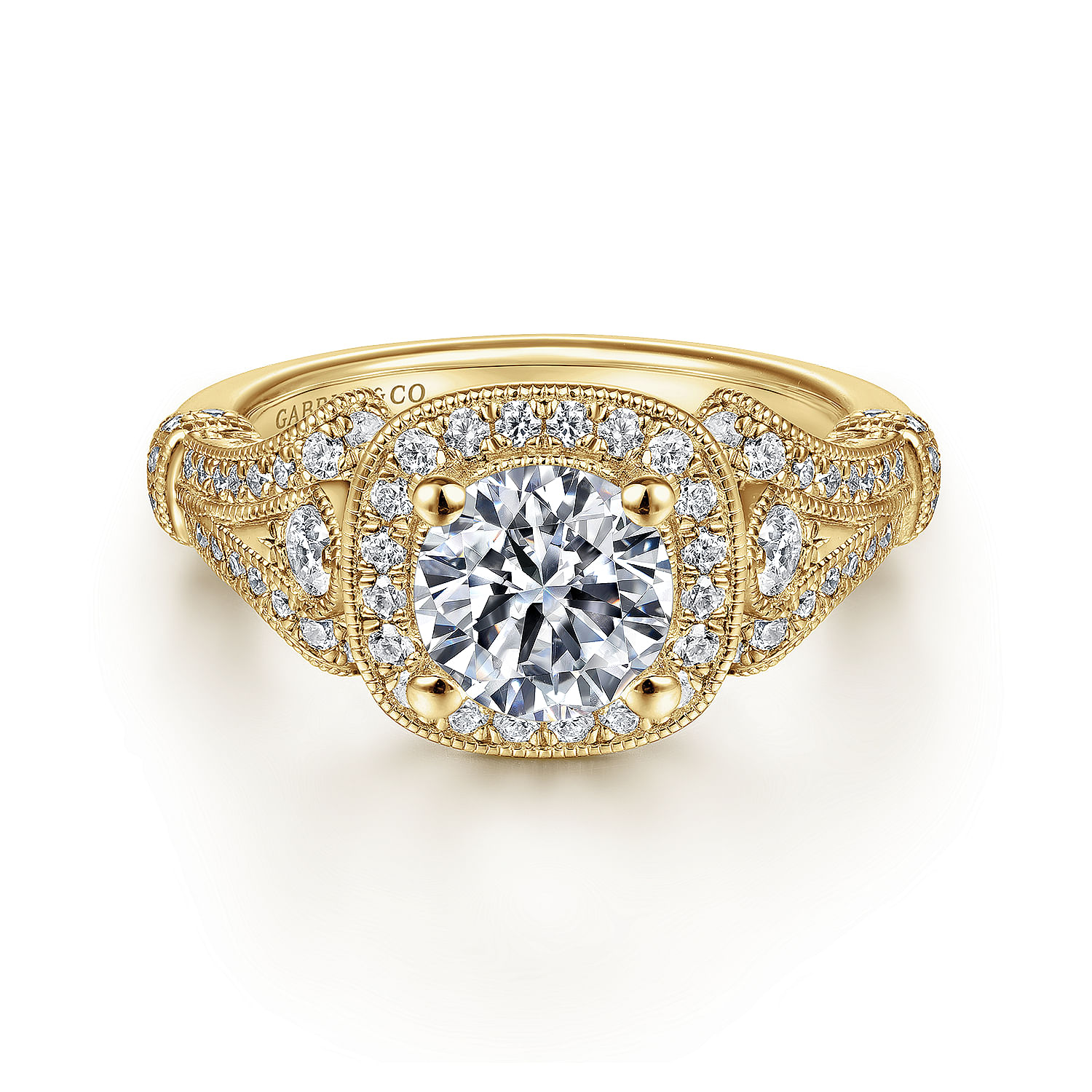 Gabriel - Vintage Inspired 14K Yellow Gold Cushion Halo Round Diamond Engagement Ring