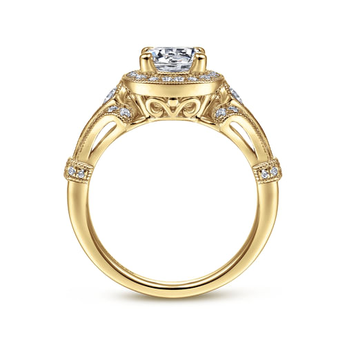 Vintage Inspired 14K Yellow Gold Cushion Halo Round Diamond Engagement Ring