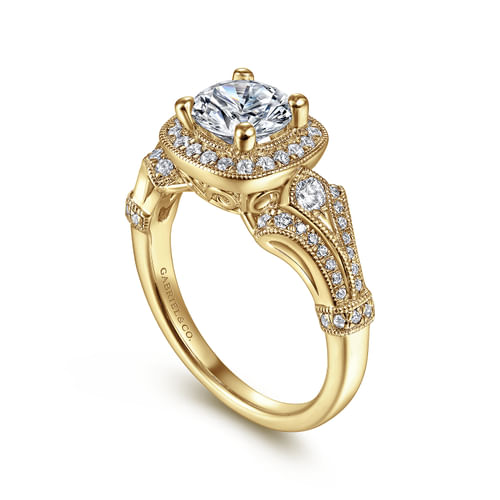 Vintage Inspired 14K Yellow Gold Cushion Halo Round Diamond Engagement Ring