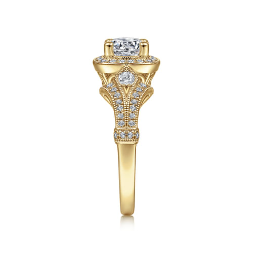 Vintage Inspired 14K Yellow Gold Cushion Halo Round Diamond Engagement Ring