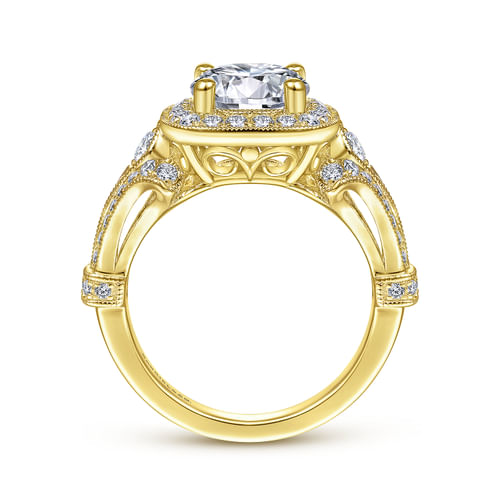 Vintage Inspired 14K Yellow Gold Cushion Halo Round Diamond Engagement Ring