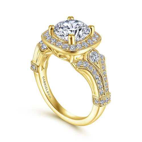 Vintage Inspired 14K Yellow Gold Cushion Halo Round Diamond Engagement Ring