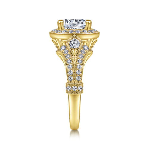 Vintage Inspired 14K Yellow Gold Cushion Halo Round Diamond Engagement Ring