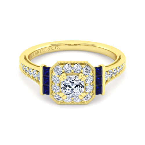 Vintage Inspired 14K Yellow Gold Cushion Halo Sapphire and Diamond Channel Set Engagement Ring