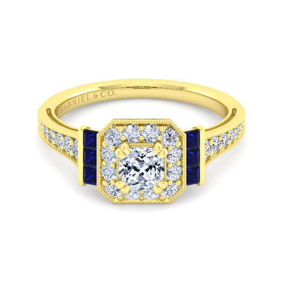 Gabriel - Vintage Inspired 14K Yellow Gold Cushion Halo Sapphire and Diamond Channel Set Engagement Ring