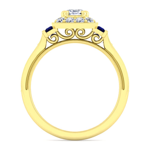 Vintage Inspired 14K Yellow Gold Cushion Halo Sapphire and Diamond Channel Set Engagement Ring