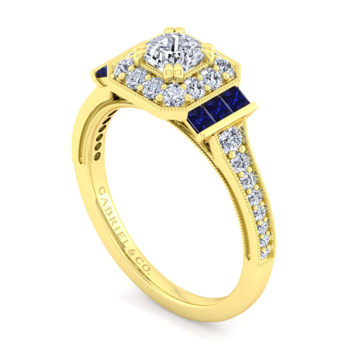 Vintage Inspired 14K Yellow Gold Cushion Halo Sapphire and Diamond Channel Set Engagement Ring